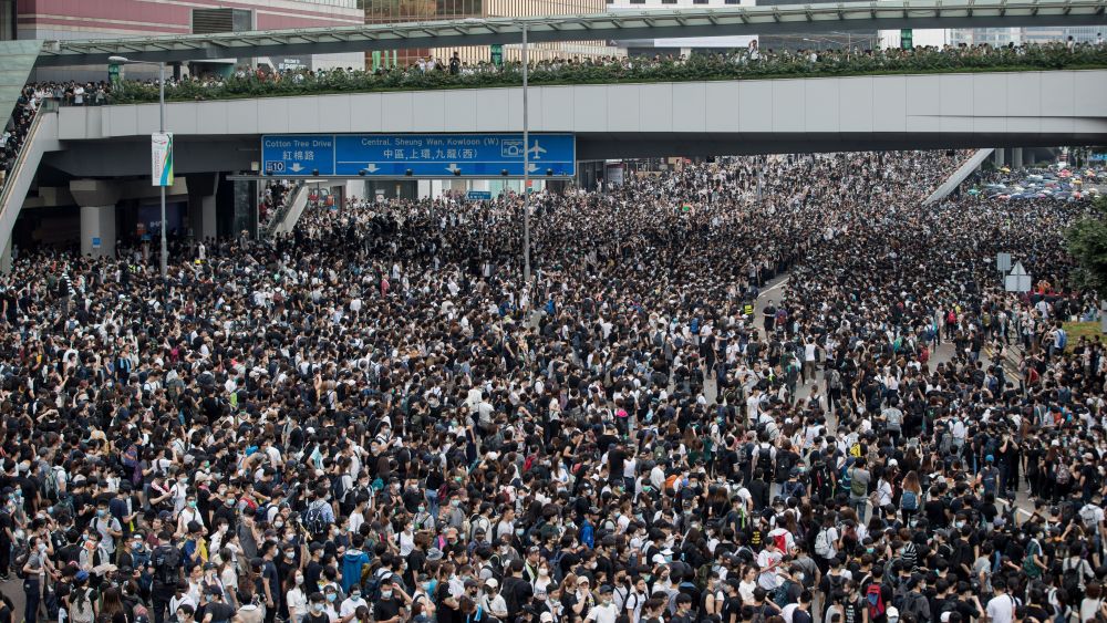 Protesters take part in a rally against an extradition bill outside the Legislative Council in Hong Kong, China, 12 June 2019. The bill, scheduled for a second reading on 12 June has faced immense opposition from pan-democrats, the business sector, and the international community, would allow the transfer of fugitives to jurisdictions which Hong Kong does not have a treaty with, including mainland China. Critics of the bill have expressed concern over unfair trials and a lack of human rights protection in mainland China.Demonstrators gather to show opposition to amendments to extradition law in Hong Kong, China - 12 Jun 2019