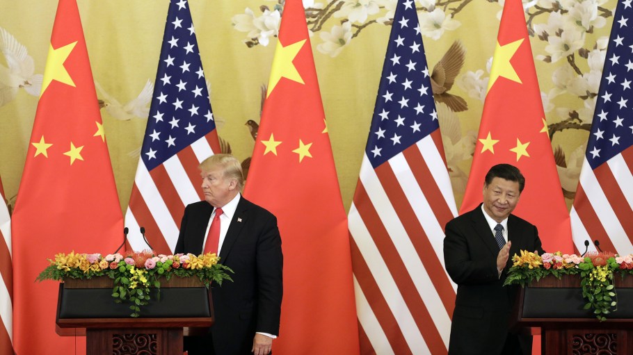 U.S. President Donald Trump, left, and Xi Jinping, China's president, attend a news conference at the Great Hall of the People in Beijing, China, on Thursday, Nov. 9, 2017.