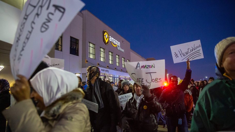 Demonstrators protest at the Amazon fulfillment center in Shakopee, Minnesota, on Dec. 14, 2018.