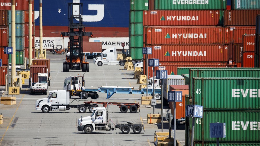 Semi-trucks wait to be loaded with shipping containers in the APM shipping terminal at the Port of Los Angeles in Los Angeles, California,
