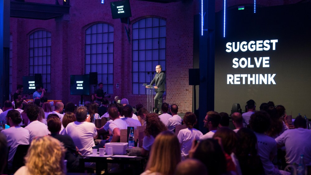 Moncler ceo and chairman Remo Ruffini kicking off the company's inaugural Hackathon in Milan.