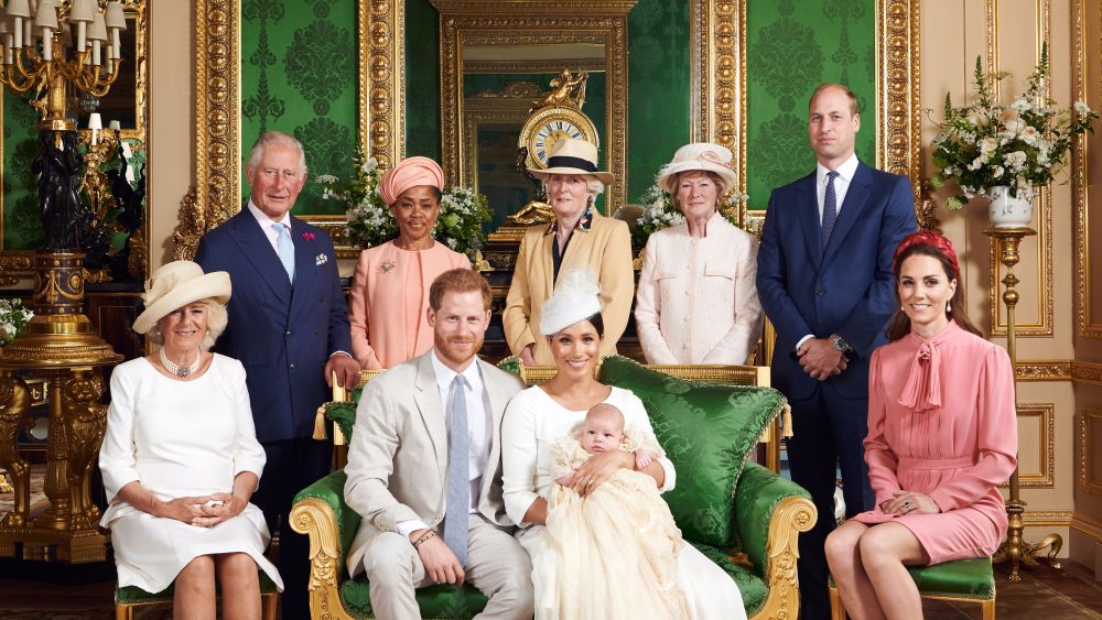 Editorial use only. HANDOUT /NO SALESMandatory Credit: Photo by CHRIS ALLERTON HANDOUT/EPA-EFE/Shutterstock (10329195b)A handout photo made available by the Duke and Meghan Duchess of Sussex shows the official christening photograph with Prince Harry and Meghan, Duke and Meghan Duchess of Sussex (front, C) with their son, Archie and (L-R) Camilla, Camilla Duchess of Cornwall, Prince Charles, Prince Charles, Doria Ragland, Lady Jane Fellowes, Lady Sarah McCorquodale, Prince William, Prince William and Catherine, Catherine Duchess of Cambridge in the Green Drawing Room at Windsor Castle, in Windsor, Britain, 06 July 2019. NEWS EDITORIAL USE ONLY. NO COMMERICAL USE. NO MERCHANDISING, ADVERTISING, SOUVENIRS, MEMORABILIA or COLOURABLY SIMILAR. NOT FOR USE AFTER AFTER 31 DECEMBER, 2019 WITHOUT PRIOR PERMISSION FROM ROYAL COMMUNICATIONS. NO CROPPING. Copyright in this photograph is vested in The Duke and Meghan Duchess of Sussex. Publications are asked to credit the photographs to Chris Allerton. No charge should be made for the supply, release or publication of the photograph. The photograph must not be digitally enhanced, manipulated or modified in any manner or form and must include all of the individuals in the photograph when published.Royal Baby Archie Mountbatten-Windsor Christening in Windsor, United Kingdom - 06 Jul 2019