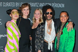 LONDON, ENGLAND -  JULY 10:  (L to R) Rina Sawayama, Eva Herzigova, Poppy Delevingne, Lenny Kravitz and Neneh Cherry attend the Lenny Kravitz & Dom Perignon 'Assemblage' exhibition, the launch Of Lenny Kravitz' UK Photography Exhibition, on July 10, 2019 in London, England. (Photo by David M. Benett/Dave Benett/Getty Images for Dom Perignon)