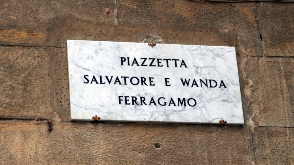 The plaque naming a square after Salvatore and Wanda Ferragamo.