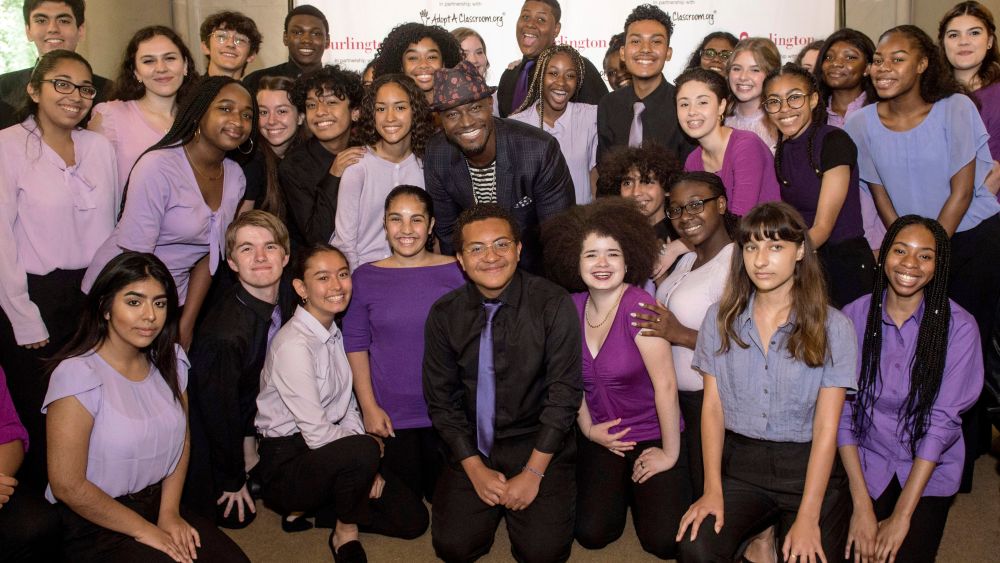 Award-Winning actor, author and singer Taye Diggs takes a photo with students at the New York City Department of Education headquarters, to launch Burlington Stores' back-to-school point-of-sale campaign to benefit AdoptAClassroom.orgTaye Diggs Teams Up with Burlington and AdoptAClassroom.org in NYC, NY, USA - 15 Jul 2019