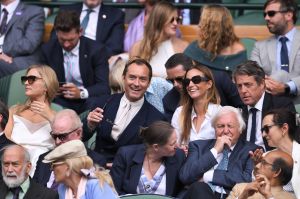 Jude Law and Phillipa Law, Hugh Grant and Anna Elisabet Eberstein in the Royal Box on Centre Court
Wimbledon Tennis Championships, Day 11, The All England Lawn Tennis and Croquet Club, London, UK - 12 Jul 2019