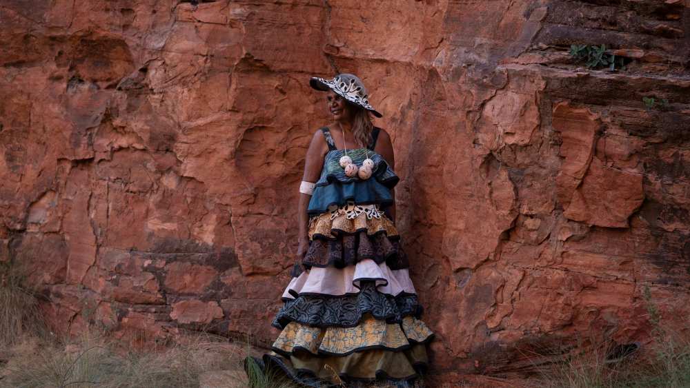 A look created by the Waringarri Aboriginal Arts collective in Kununurra, Western Australia, developed in collaboration with First Nations Fashion and Design.