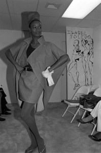 Oversized jacket with high-waist skirt at the Isabel Toledo Spring 1986 show in New York.
