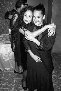 Brazilian actress Sonia Braga hugging fashion designer Isabel Toledo attending Anna Wintour's party to fete the "Gang of 3" (Gianni Versace, Karl Lagerfeld and Christian Lacroix) in town for the Fashion Group and Vogue's celebration of fall couture at the Paramount Hotel on September 7, 1990.