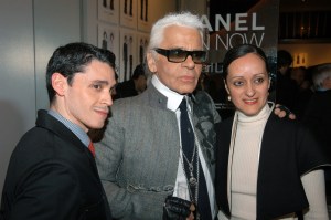Ruben Toledo, Karl Lagerfeld and Isabel Toledo attend Chanel's THEN NOW exhibit at Visionaire Gallery, 2005.