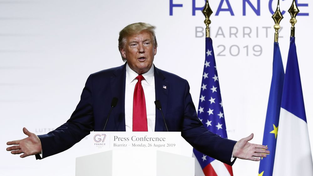 US President Donald J. Trump speaks during a press conference on the closing day of the G7 summit in Biarritz, France, 26 August 2019.G7 Summit Biarritz in France - 26 Aug 2019
