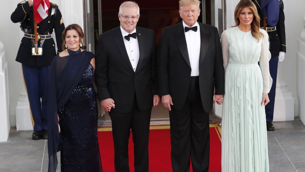 US President Donald J. Trump (2R) and First Lady Melania Trump (R) welcome Prime Minister of Australia Scott Morrison (2L) and his wife, Jenny Morrison (L), at the North Portico of the White House for a state dinner in Washington, DC, USA, 20 September 2019. The occasion marks the second state visit of Donald Trump's presidency.President Trump welcomes Australian Prime Minister Scott Morrison to White House for a state dinner, Washington, USA - 20 Sep 2019