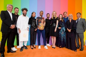 Sidney Toledano, Kris Van Assche, Hed Mayner, Alicia Vikander, Thebe Magugu, Nicolas Ghesquière, Delphine Arnault, Clare Waight Keller, Jonathan Anderson, Maria Grazia Chiuri, Jean-Paul Claverie, at the 2019 LVMH Prize ceremony.