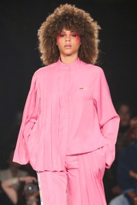 Dramatic eyes were the underlying theme of the makeup at Pyer Moss. "ItÕs all about bringing out the eyes, creating that Seventies feel of the blush connecting with the eyes," said lead makeup artist Daniel Sallstrom, who used Uoma Beauty products and, in some cases, Swarovski crystals. "ItÕs a lot of reflection, a lot of shadows, glitter. WeÕre going very natural on the skin. Nothing too empowering." Ñ Alexa Tietjen
