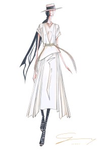 ÒThe spring 2020 collection is inspired by Argentina. Natural fabrics, linen ramie, cotton gauze and woven raffia. Silhouettes are inspired by the gaucho clothing, in a play between asymmetrical and body-hugging shapes. The color palette is dominated by natural nuances and vibrant touches of white, lime green and orange.Ó Ð Sara Cavazza Franchini, creative director of Genny
