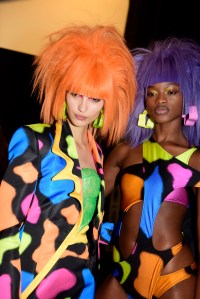 The colorful wigs at Jeremy Scott took three days to dye, according to a member of the Wella team that was overseeing hair."We look at a lot of Japan animation, manga, a little kind of goth culture Ñ it's all kind of mixed in there really,Ó hairstylist Eugene Souleiman said.  "What's nice about Jeremy, is that it's always a show. There's always something to look at; we just want to have some fun, and I feel like that's what Jeremy does really well.ÉPeople that buy his clothes, they're more like fans.Ó Ñ Allison Collins