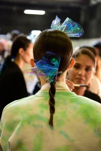 Bob Recine for Aveda was on braid duty. The look was either sleek single or dual rope braids Ñ "fresh and young but sophisticated, not girly." Ò[Johnson] always loves a little craftsmanship,Ó Recine said. Ñ Ellen Thomas
