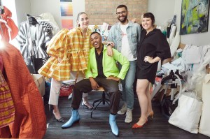 ThereÕs no place like home-on-the-job. From left, Christina Ripley, Christopher John Rogers, David Rivera and Alex Tyson. Rogers runs his nascent business out of the Bushwick, Brooklyn apartment where he lives with Rivera and Tyson.