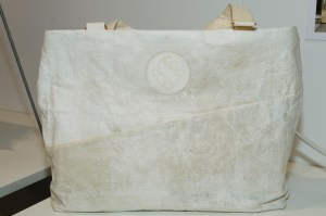 A bag by ScobyTec made from microbial cellulose, presented in the in the biofabrication space at Texworld Paris.