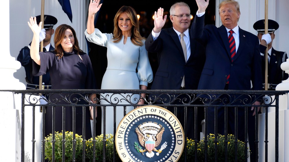 Donald Trump, Melania Trump, Scott Morrison, Jenny Morrison. President Donald Trump and first lady Melania Trump wave with Australian Prime Minister Scott Morrison and his wife Jenny Morrison during a State Arrival Ceremony on the South Lawn of the White House in WashingtonTrump US Australia State Visit, Washington, USA - 20 Sep 2019