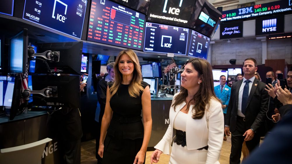 First Lady Melania Trump and Stacey Cunningham, president of NYSE Group Inc., walk on the floor of the New York Stock Exchange in New York, New York, USA, 23 September 2019.