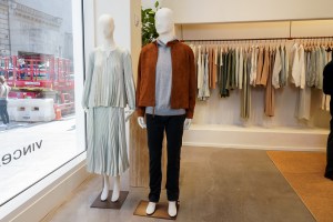 Vince ÒBirdseyeÓ hoodie; suede Harrington jacket, corduroy 5-pocket pant; chevron pleated blouse and pleated skirt.