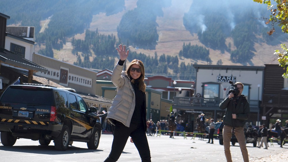 First lady Melania Trump waves to spectators during a visit to Jackson, Wyo., Thursday, Oct. 3, 2019. Trump later went on a scenic float on the Snake River in Grand Teton National Park. (Ryan Dorgan/Jackson Hole News & Guide via AP)