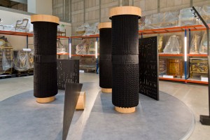 Amor Muoz created an installation incorporating textured fabrics on columns and giant punch cards