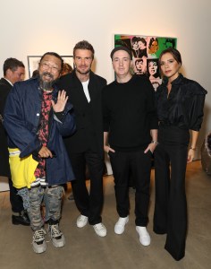 (L-R) Takashi Murakami, David Beckham, Brian Donnelly aka Kaws and Victoria Beckham attend Victoria Beckham and Sotheby's celebration of Andy Warhol with Don Julio 1942 at her Dover Street store.