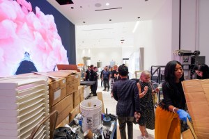 Workers preparing the presentation at NordstromÕs upcoming Manhattan womenÕs flagship.