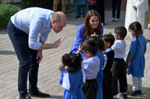 Prince William (L), Prince William and Catherine Duchess of Cambridge greet children as they depart an engagement at Islamabad Model College for Girls in Islamabad, Pakistan, 15 October 2019. The royal couple is on an official five-day visit to Pakistan. It is the first royal visit to the country in 13 years.
Duke and Duchess of Cambridge on Royal Tour of Pakistan, Islamabad - 15 Oct 2019