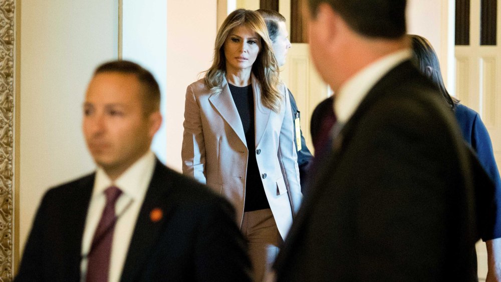 First lady Melania Trump departs a roundtable discussion on the opioid crisis, on Capitol Hill in Washington, . The first lady marked the first anniversary of the President's signing of the SUPPORT for Patients and Communities Act and it's impact on the countryFirst Lady Opiods, Washington, USA - 23 Oct 2019