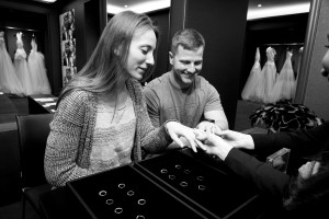 Abby Backman at her Vera Wang bridal fitting with fiancé Jason Chouinard.