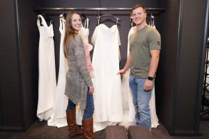 Abby Backman at her Vera Wang bridal fitting with fiancé Jason Chouinard.