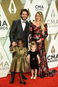 Thomas Rhett, Lauren Akins, Ada James Akins, Willa Gray Akins. Thomas Rhett, top left, Lauren Akins, Willa Gray Akins, bottom left, and Ada James Akins arrive at the 53rd annual CMA Awards at Bridgestone Arena, in Nashville, Tenn
53rd Annual CMA Awards - Arrivals, Nashville, USA - 13 Nov 2019