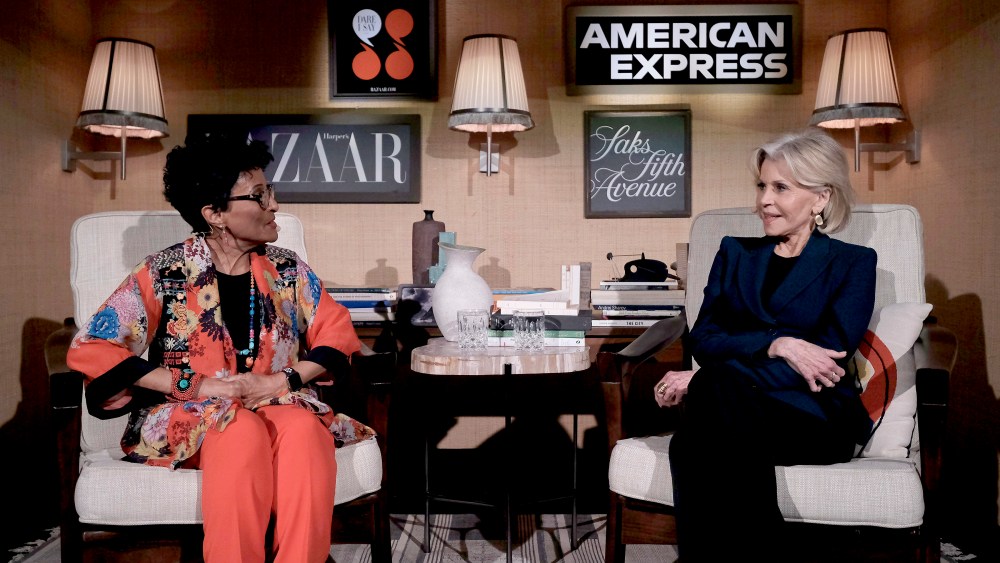 Peggy Shepard and Jane Fonda speak onstage during Jane Fonda For Harper's Bazaar "Dare I Say" Live Podcast Hosted by Saks Fifth Avenue And American Express at LAvenue at Saks Fifth Avenue.