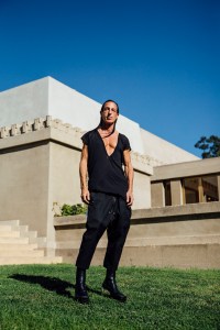 Owens in front of the Hollyhock House.