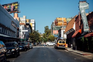 Looking North on Las Palmas, where Lamy's Hollywood hotspot Les Deux Cafes used to sit on the East side of the street.