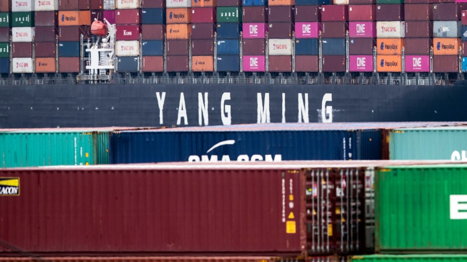 A cargo ship of Taiwanese transport company Yang Ming, loaded with containers, sits docked at the Los Angeles Port, California, USA, 13 May 2019.