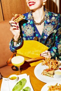 Marc JacobsÕ bag and polyester, silk, metallic and polyamide vest and jacket. Gucci earring; Laruicci necklace and bracelet; The M Jewelers rings; Miansai ring; Selin Kent square ring; IO Collective ring; Kate Spade ring; Katkim ring.