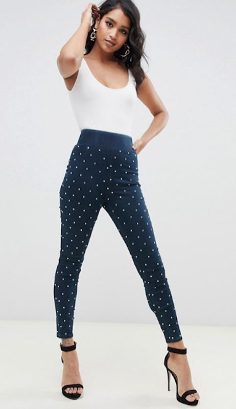 Here are some denim pieces featuring studs, rhinestones and other glam accents to wear on New Year’s.