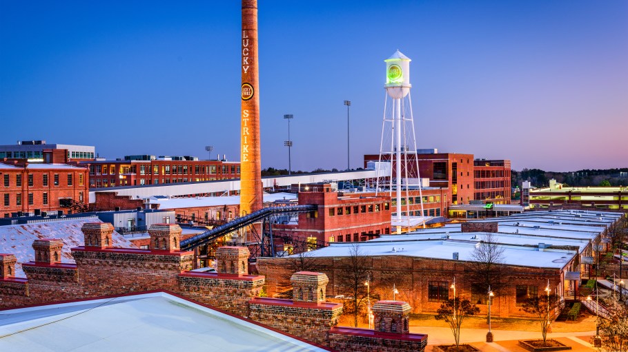 Concept of US manufacturing. The American Tobacco Historic District. Once the headquarters of the American Tobacco Company, the site is now part of a downtown urban renewal project.