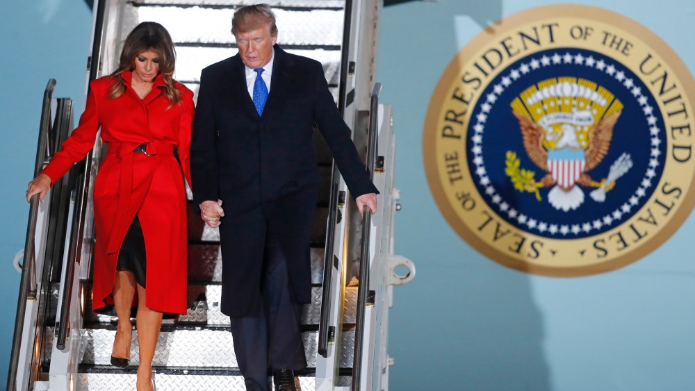 U.S. President Donald Trump and U.S. first lady Melania Trump arrive at Stansted Airport in England,. US President Donald Trump will join other NATO heads of state at Buckingham Palace in London on Tuesday to mark the NATO Alliance's 70th birthdayNATO, Stansted, United Kingdom - 02 Dec 2019