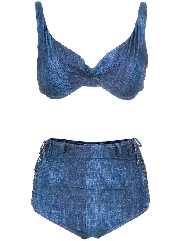 Copy Bella Hadid’s St Barts denim bikini vacation look with these 10 denim bathing suits and accessories.