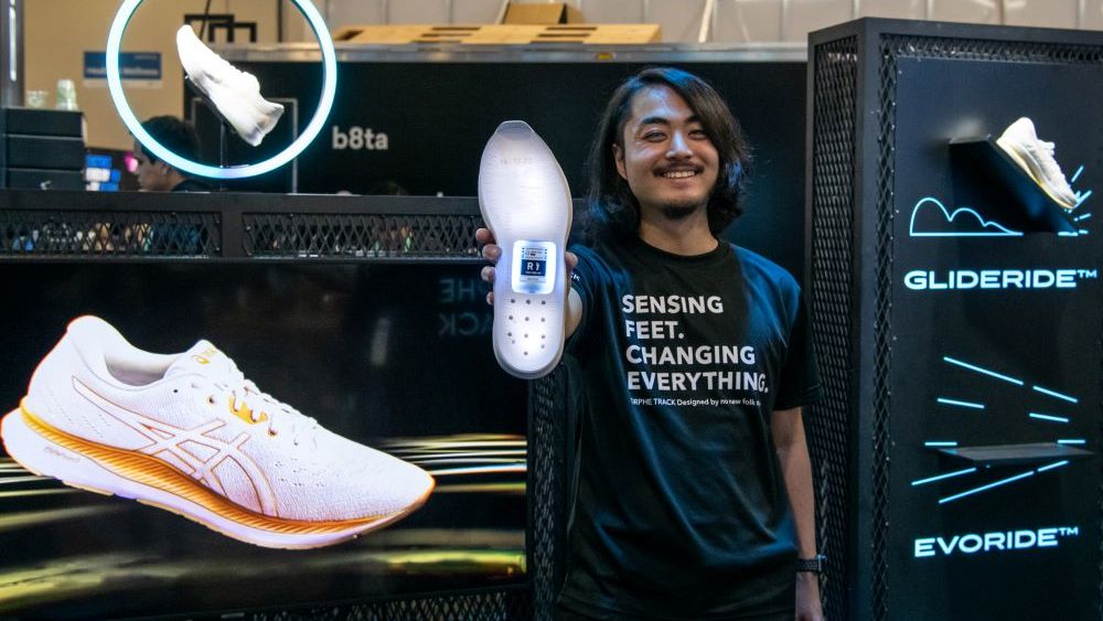 The new Asics EvoRide smart shoe includes an embedded sensor, developed by startup No New Folk Studios, that gathers real-time running data.