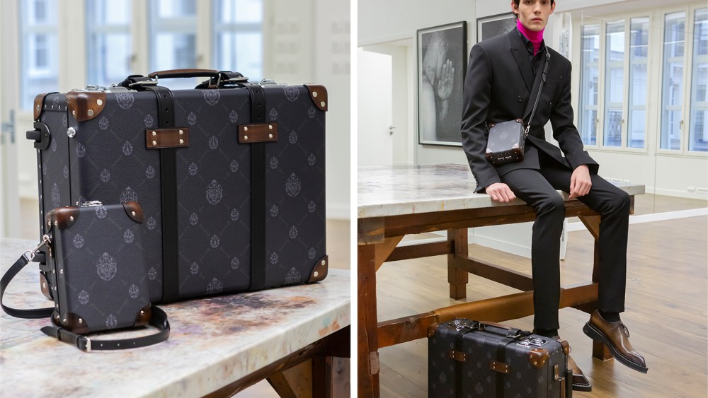 Left: A suitcase and messenger bag from Berluti's collaboration with Globe-Trotter, featuring the brand’s new Signature canvas.Right: A look from Berluti’s fall collection, with items from its collaboration with Globe-Trotter featuring the brand’s new Signature canvas.