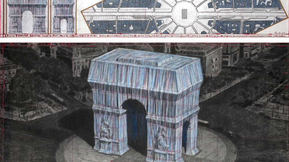 Christo L'Arc de Triomphe, Wrapped (Project for Paris) Place de l'Etoile – Charles de Gaulle Drawing 2019 in two parts 15 x 96" and 42 x 96" (38 x 244 cm and 106.6 x 244 cm) Pencil, charcoal, pastel, wax crayon, enamel paint, architectural and topographic survey, hand-drawn map on vellum and tape Photo: André Grossmann © 2019 Christo