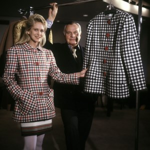 Nina Griscom with fashion designer Bill Blass wearing an outfit from his fall 1991 Ready-To-Wear collection.
