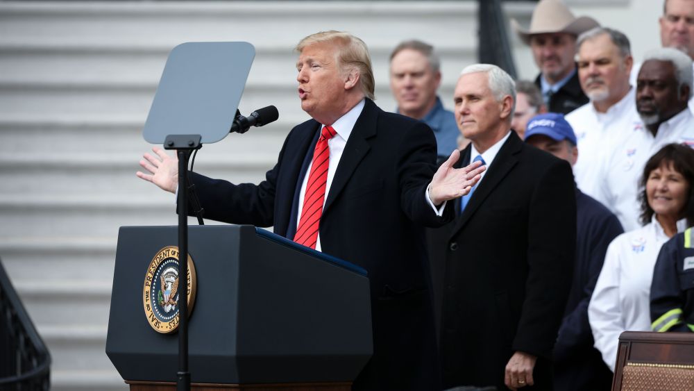 US President Donald Trump speaks during a signing ceremony for the United States-Mexico-Canada Trade Agreement (USMCA), on the South Lawn of the White House in Washington, DC, USA, 29 January 2020. The Trump administration says the revised North American Free Trade agreement will create six hundred thousand jobs. At right of Trump, US Vice President Mike Pence.US President Donald J. Trump participates in a signing ceremony for the United States-Mexico-Canada Trade Agreement (USMCA), Washington, USA - 30 Jan 2020