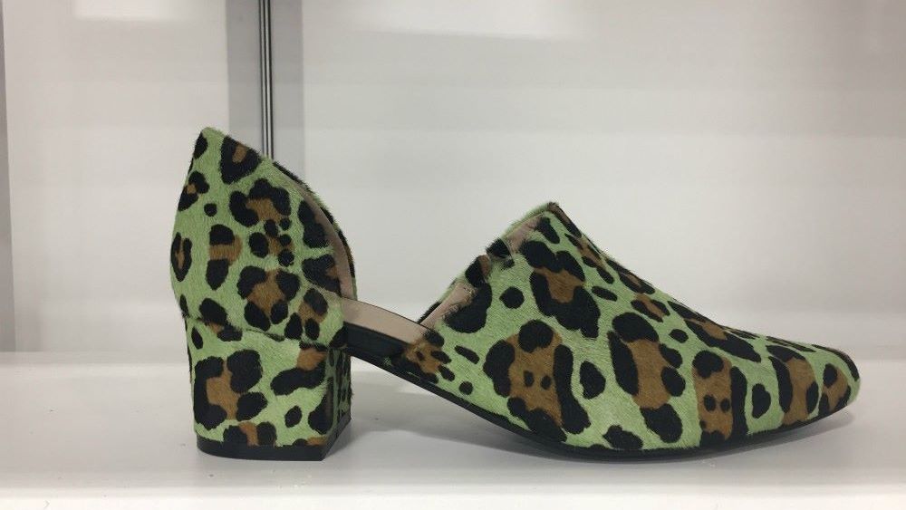 Intentionally Blank showed a green animal print footwear style at Platform 2020.